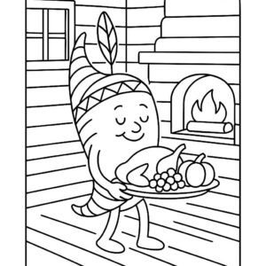 Coloring page of a cornucopia character, harvest helper preparing a feast