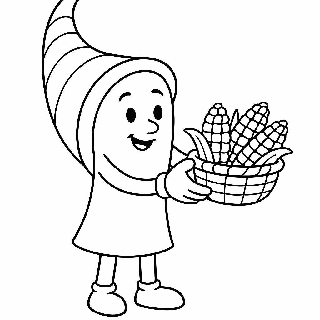 Coloring page of a cornucopia character, harvest helper serving food