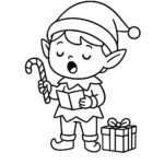 Page à colorier d&rsquo;un elfe, chanteur de Noël ouvrant des cadeaux