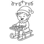 Page à colorier d&rsquo;un elfe, conducteur de traîneau, faisant des biscuits