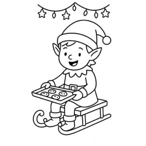 Coloring page of a elf, sleigh rider baking cookies