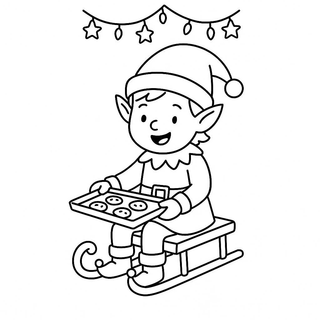 Coloring page of a elf, sleigh rider baking cookies
