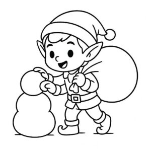 Coloring page of a elf, snowball thrower building a snowman
