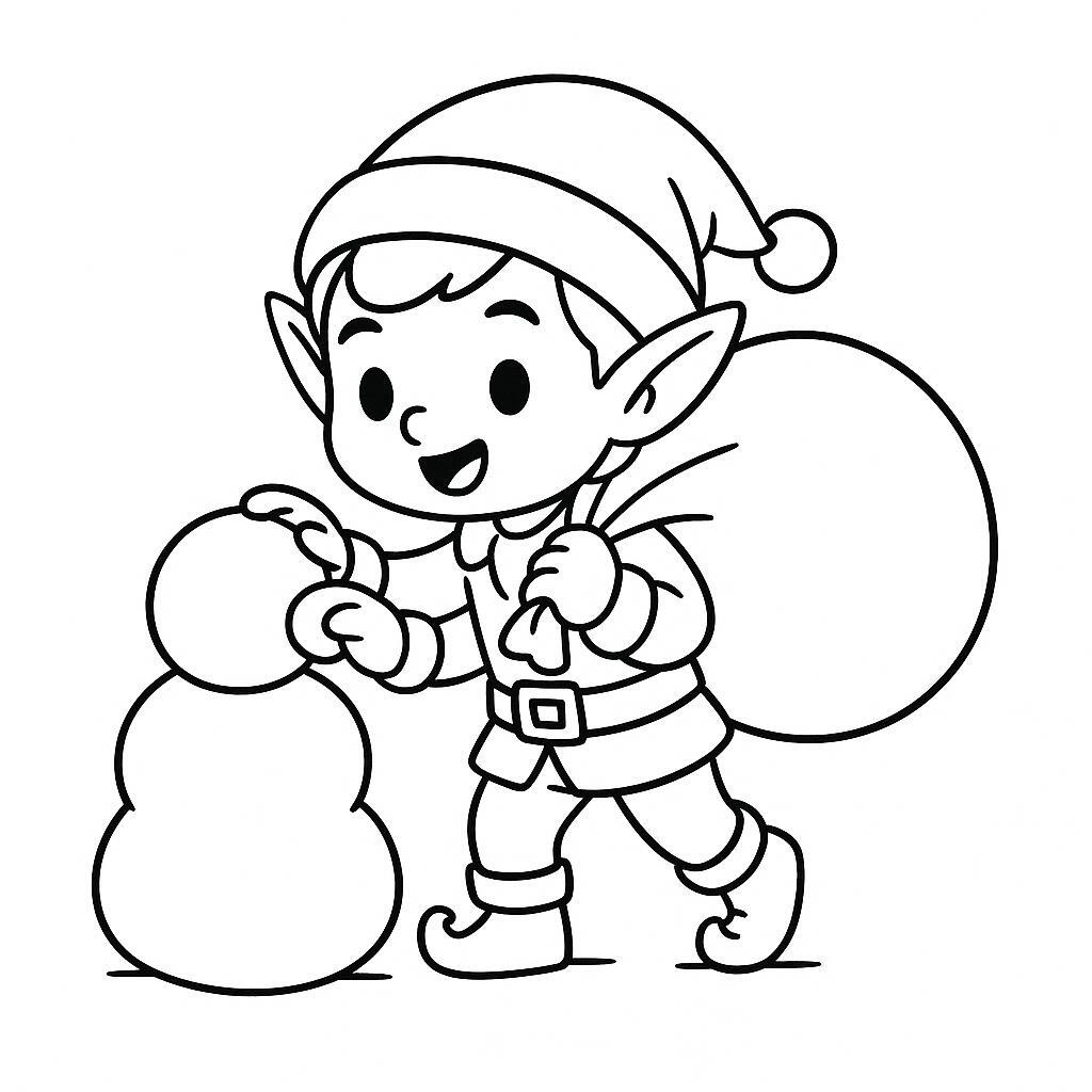 Coloring page of a elf, snowball thrower building a snowman
