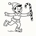 Page à colorier d’un elfe, fabricant de jouets glissant sur la glace