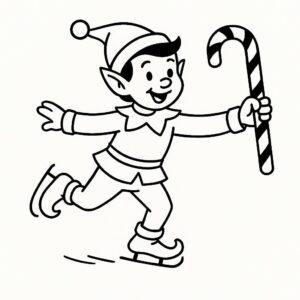 Coloring page of a elf, toy maker sliding on ice