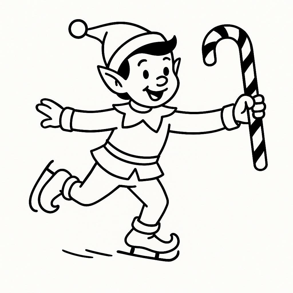 Coloring page of a elf, toy maker sliding on ice