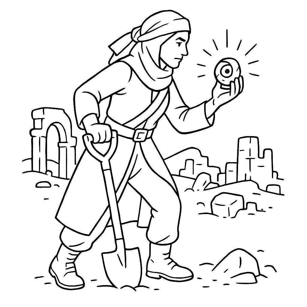 Coloring page of a female archaeologist, desert nomad digging near old ruins