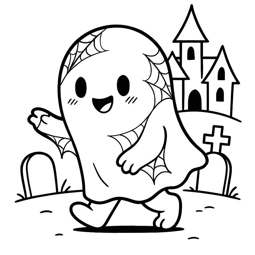 Coloring page of a friendly ghost, haunted house dweller walking through a graveyard