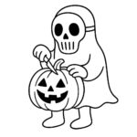Page à colorier d’un fantôme amical, sculpteur de citrouille sculptant une jack-o-lantern
