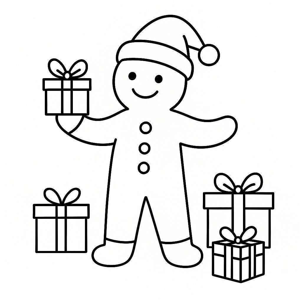 Coloring page of a gingerbread man, gift giver baking cookies