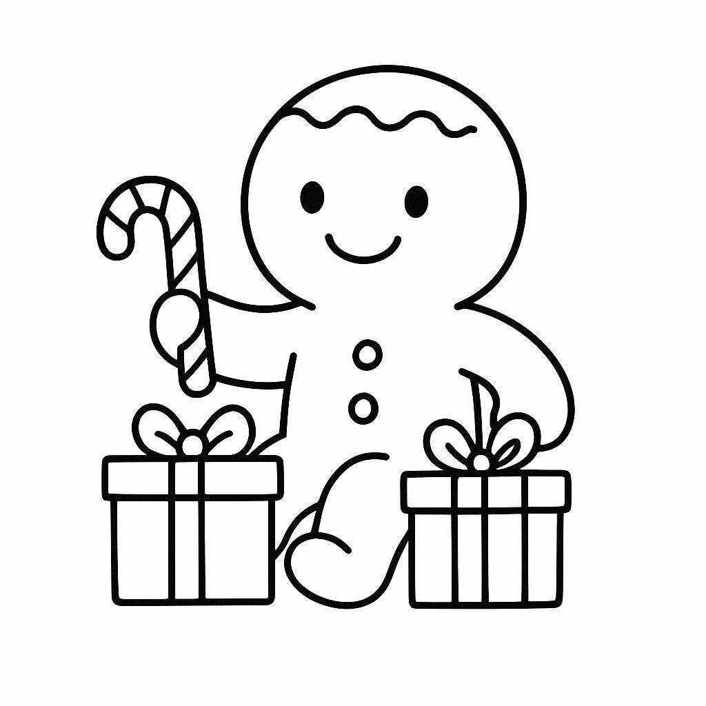 Coloring page of a gingerbread man, sleigh rider wrapping gifts