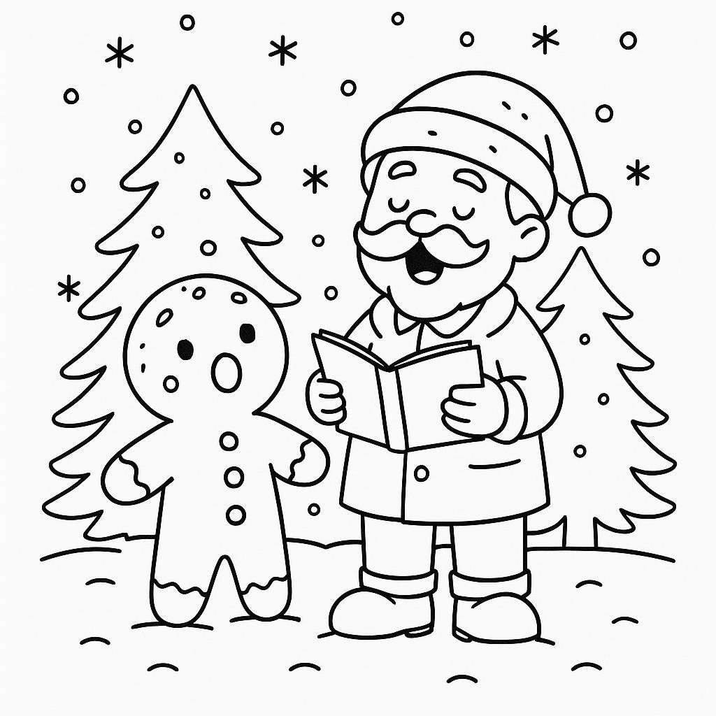 Coloring page of a gingerbread man, toy maker singing carols