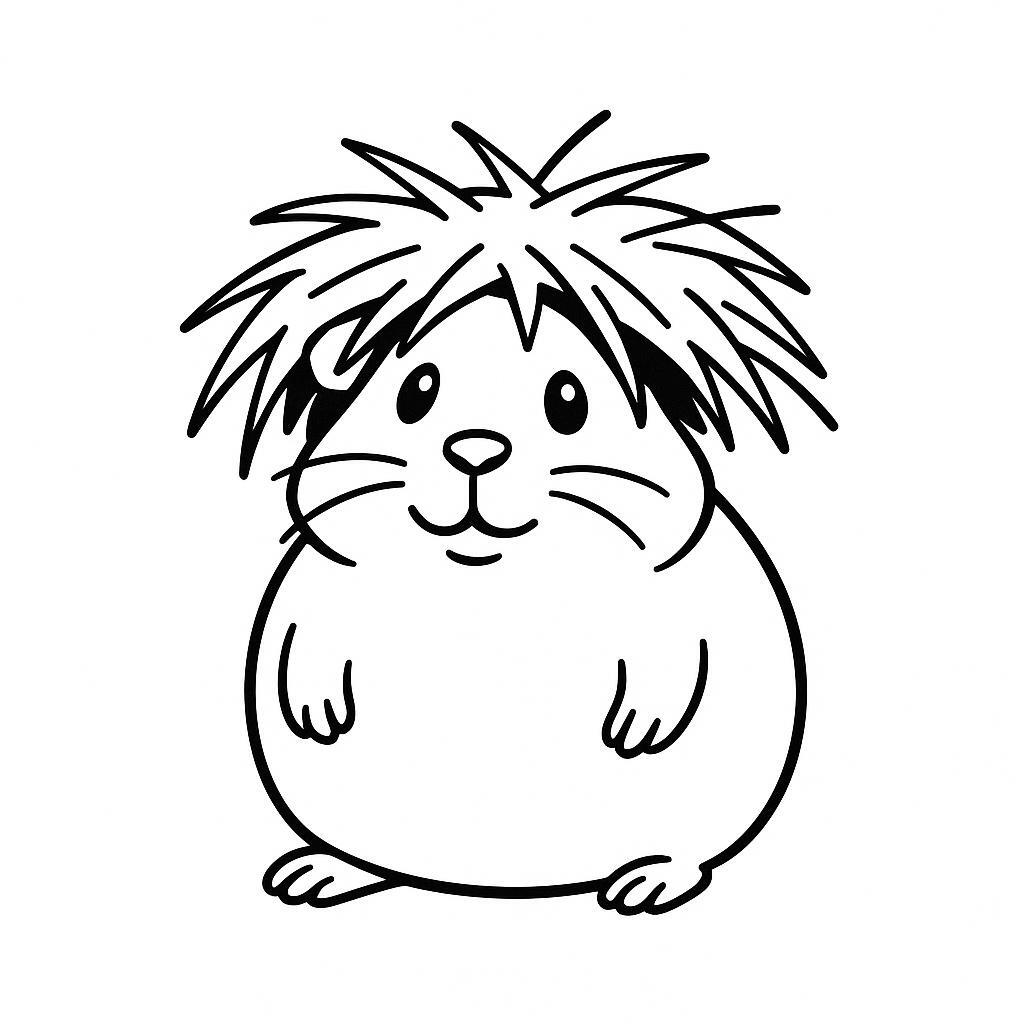 Coloring page of a guinea pig, playful pet hiding under hay