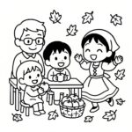 Page à colorier d&rsquo;une famille heureuse, danseur de festival d&rsquo;automne ramassant des pommes