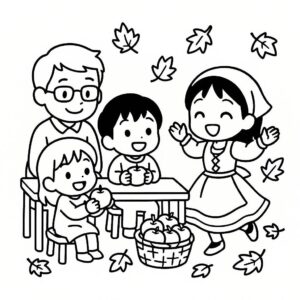 Coloring page of a happy family, fall festival dancer gathering apples