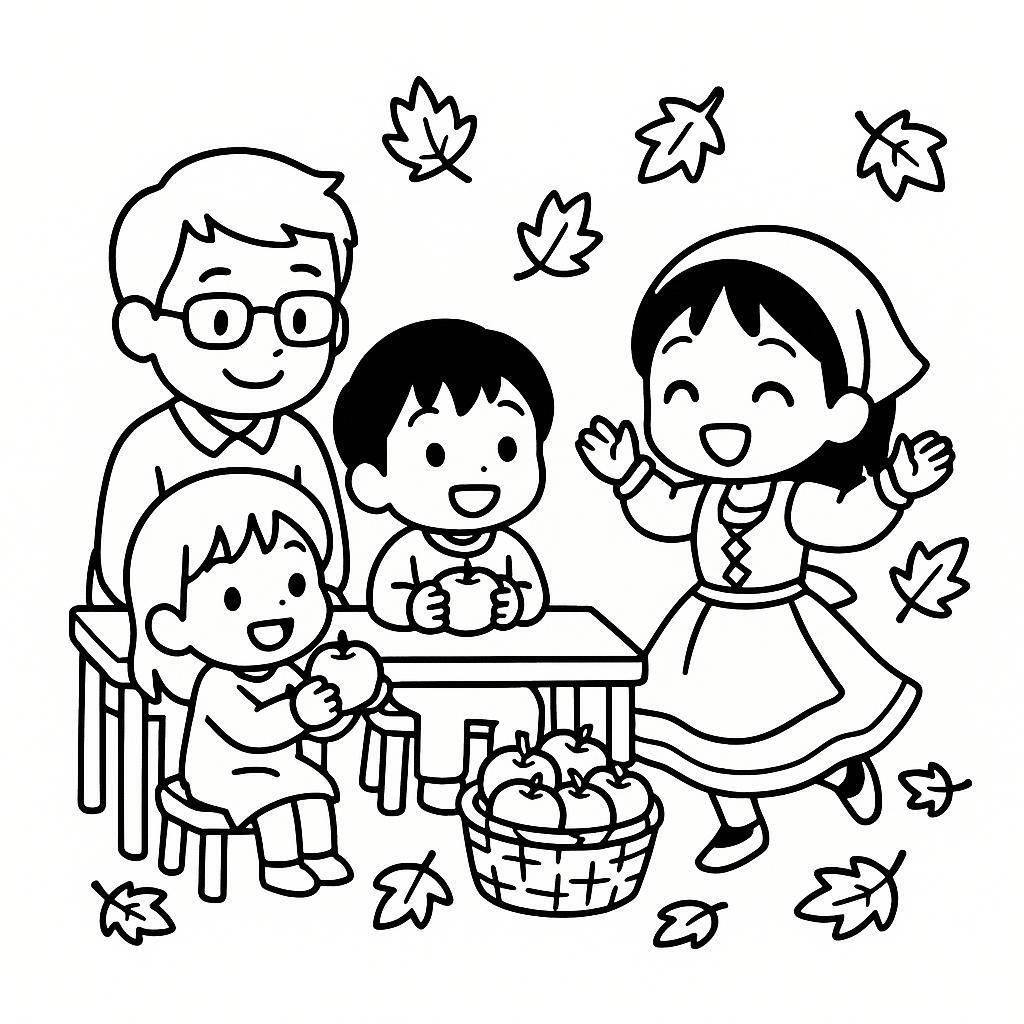 Coloring page of a happy family, fall festival dancer gathering apples