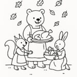 Page à colorier d&rsquo;une famille heureuse, animal de la forêt préparant un festin