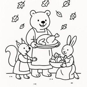 Coloring page of a happy family, forest animal preparing a feast
