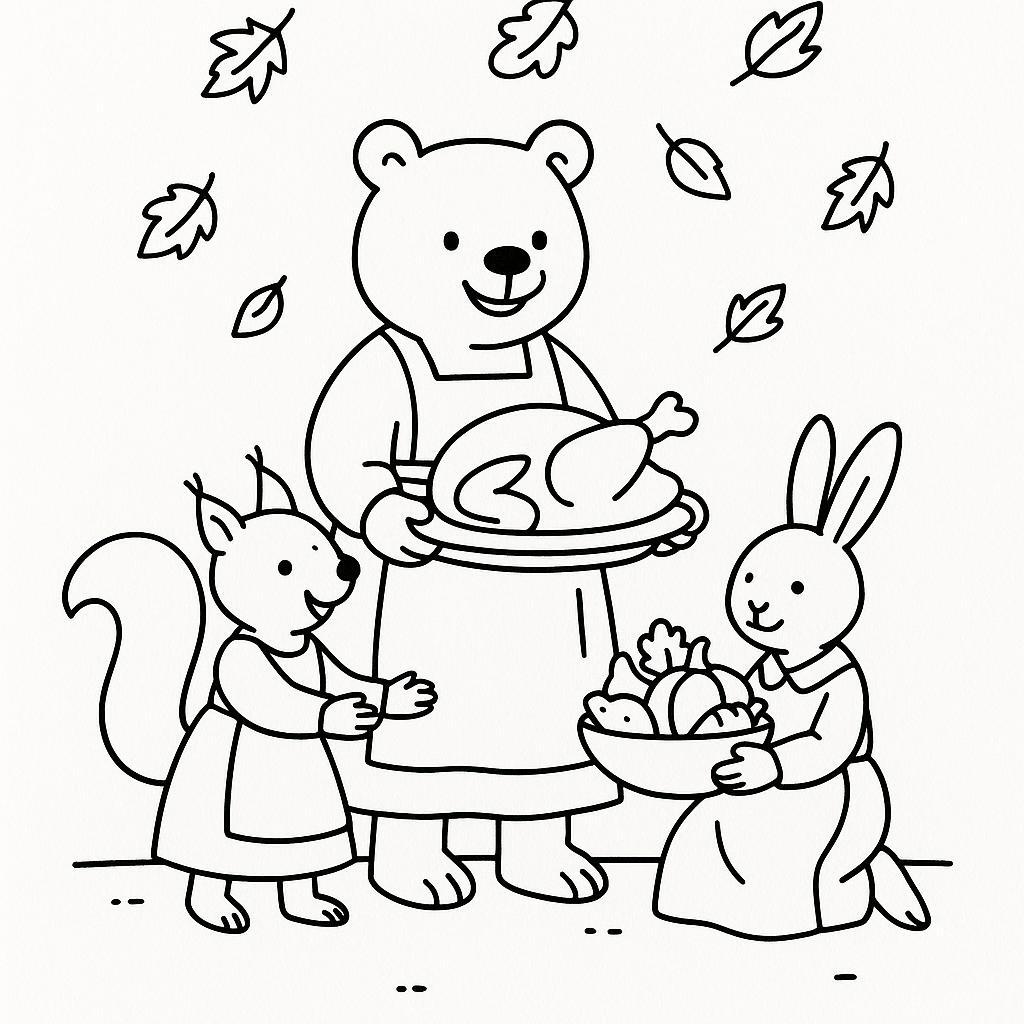 Coloring page of a happy family, forest animal preparing a feast