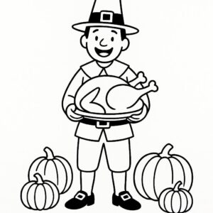 Coloring page of a happy family, harvest helper preparing a feast
