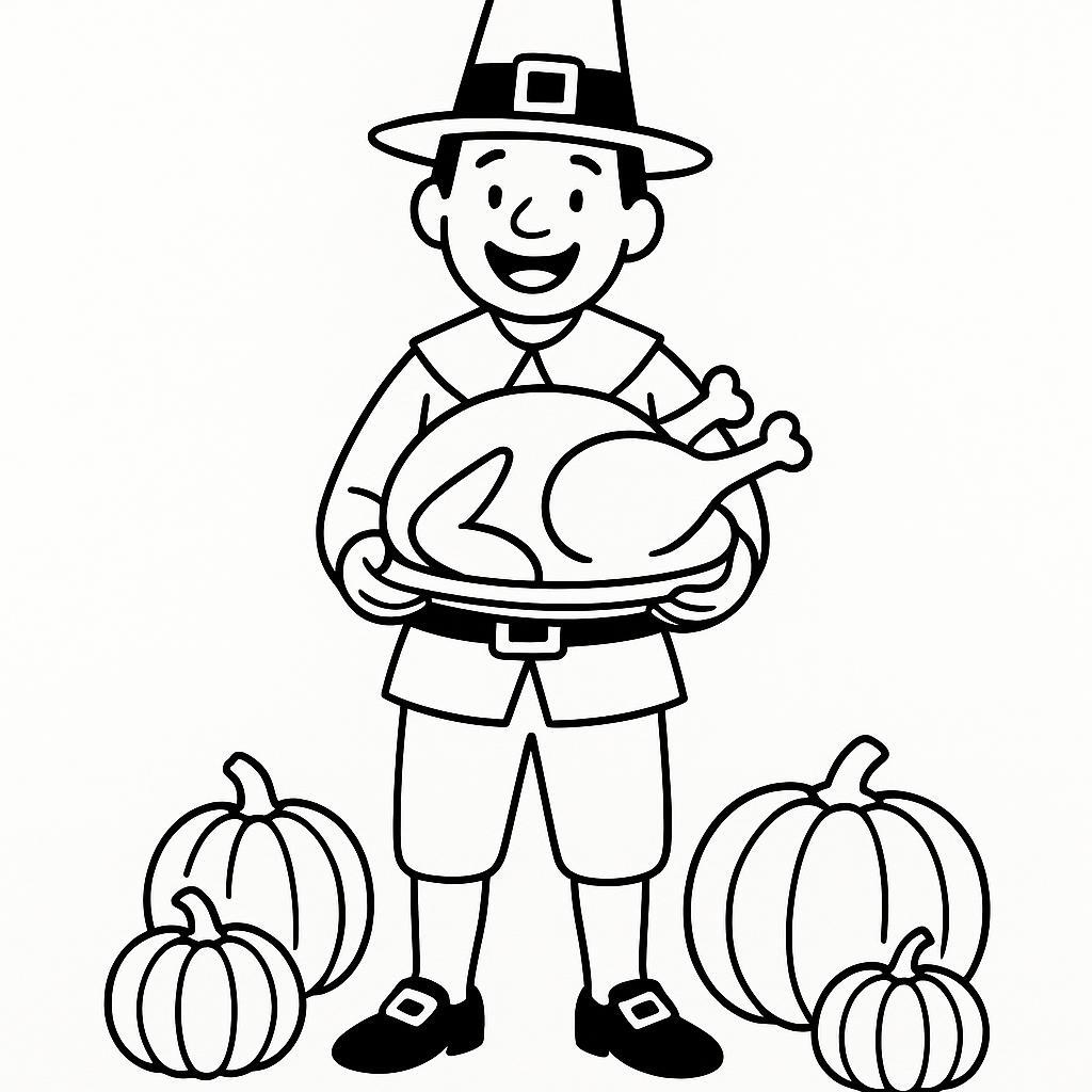 Coloring page of a happy family, harvest helper preparing a feast