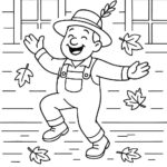 Page à colorier d&rsquo;un fermier de la récolte, danseur du festival d&rsquo;automne dansant dans les feuilles d&rsquo;automne