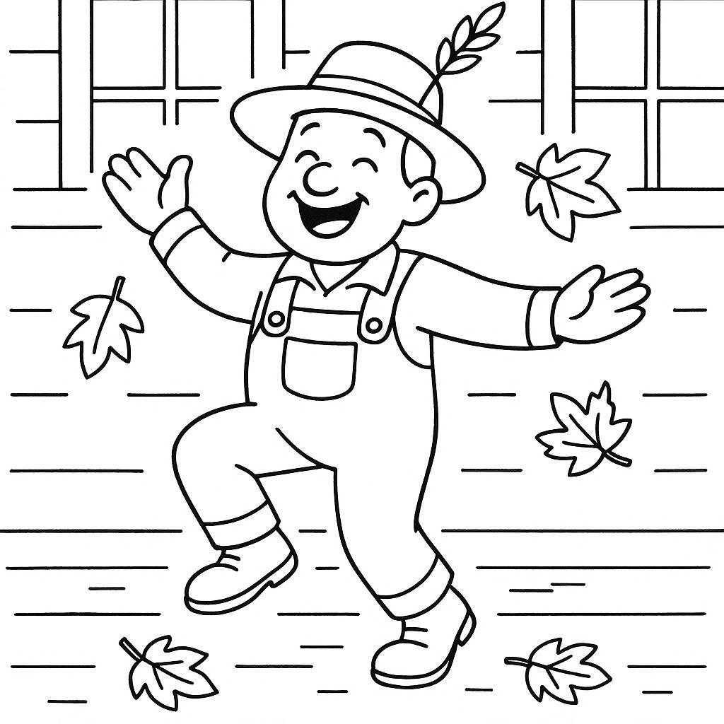 Coloring page of a harvest farmer, fall festival dancer dancing in autumn leaves