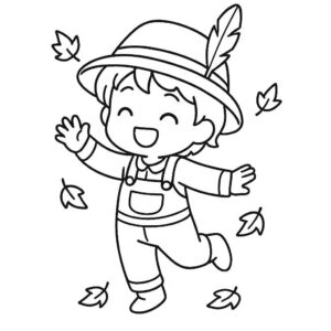 Coloring page of a harvest farmer, family member dancing in autumn leaves