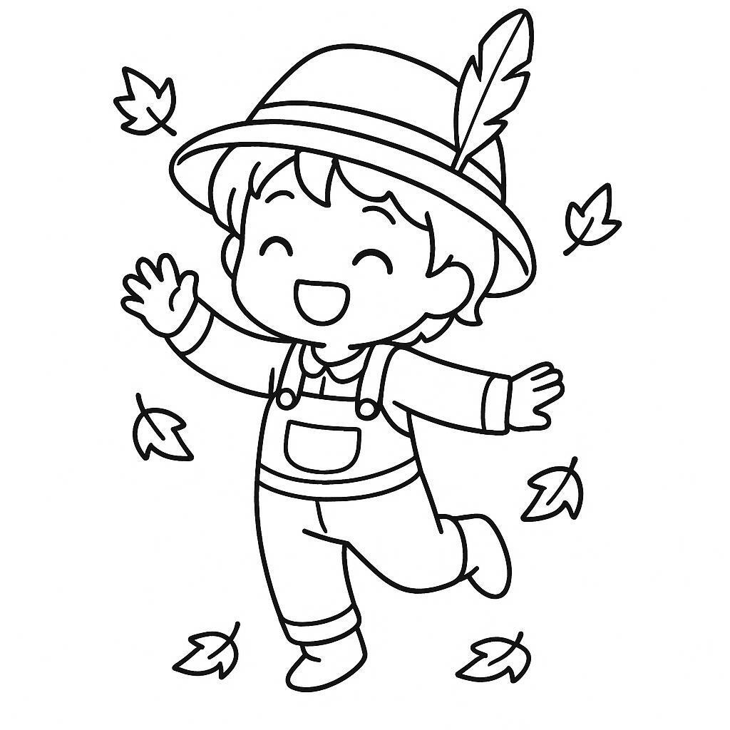 Coloring page of a harvest farmer, family member dancing in autumn leaves