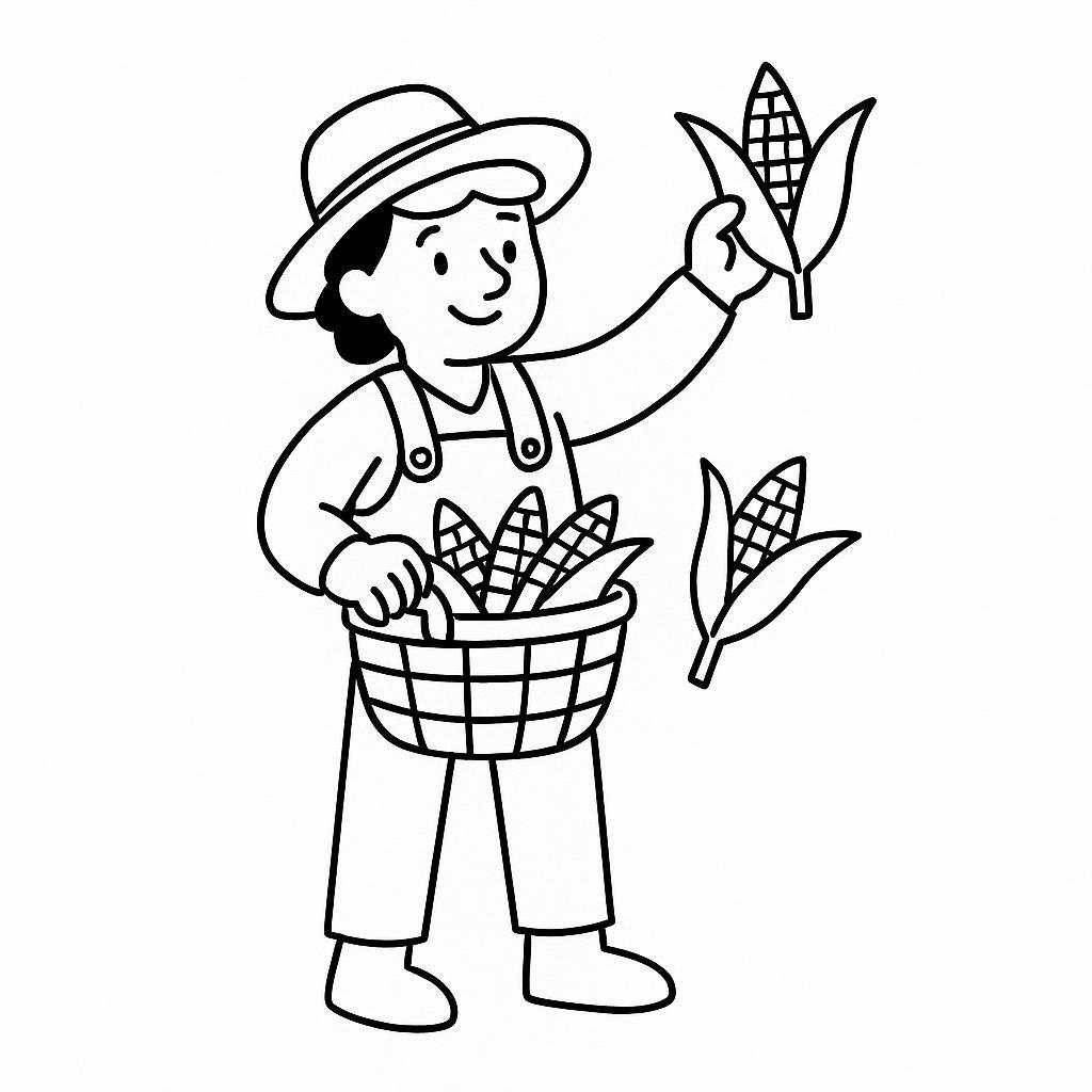 Coloring page of a harvest farmer, family member harvesting corn