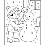 Page de coloriage d&rsquo;un enfant en vacances, lanceur de boules de neige construisant un bonhomme de neige