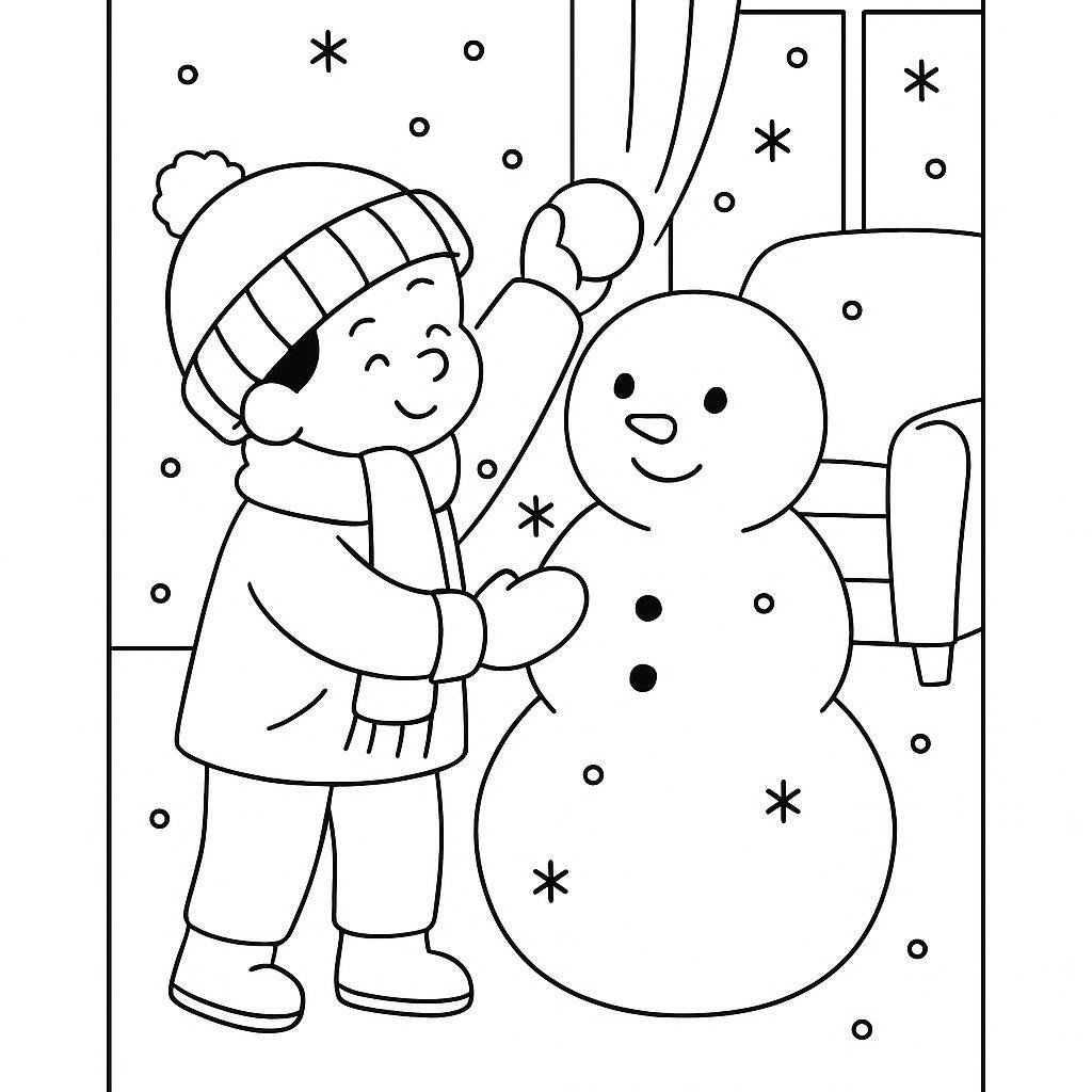 Coloring page of a holiday child, snowball thrower building a snowman