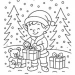 Page à colorier d&rsquo;un enfant en vacances, fabricant de jouets emballant des cadeaux