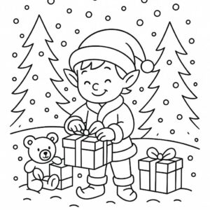 Coloring page of a holiday child, toy maker wrapping gifts