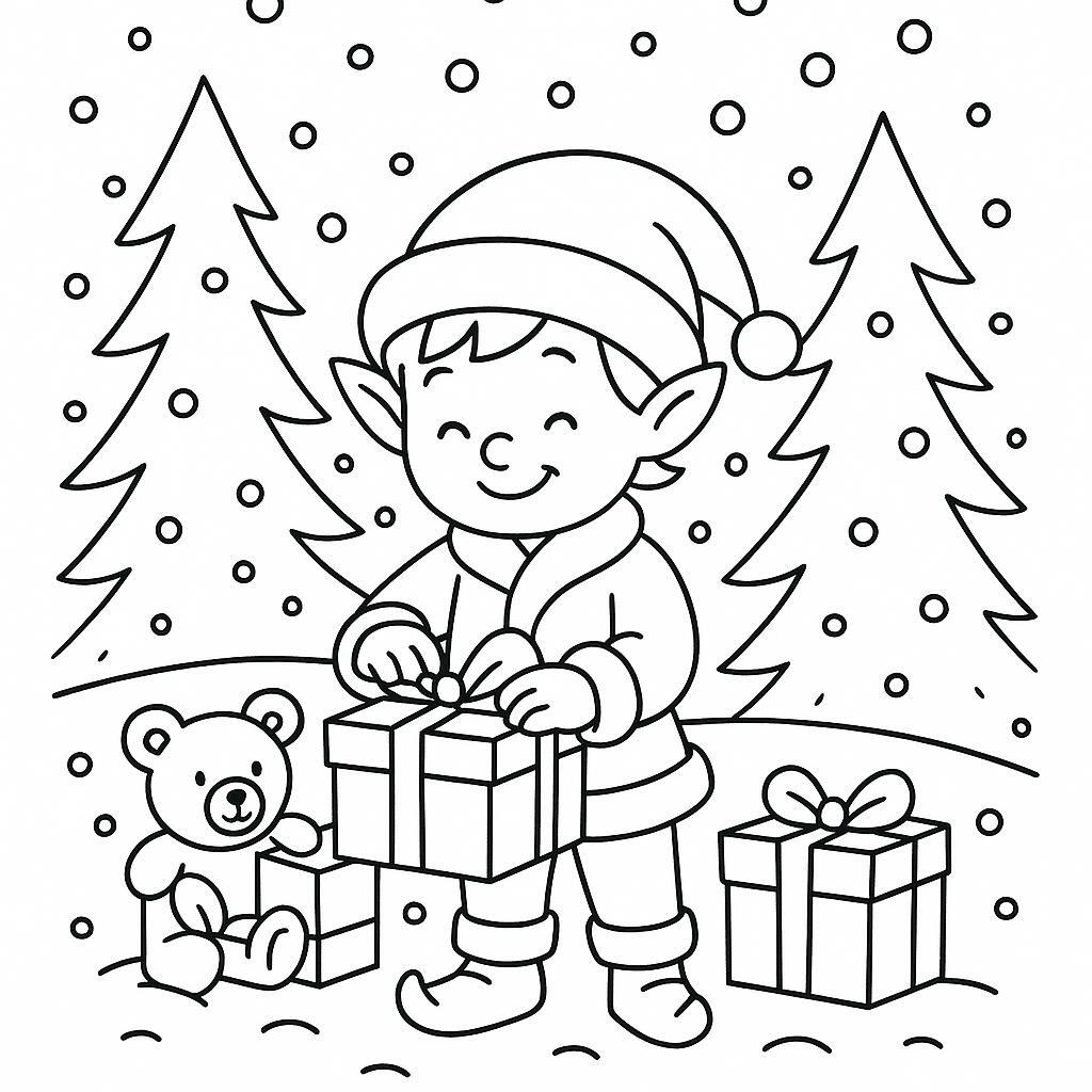 Coloring page of a holiday child, toy maker wrapping gifts