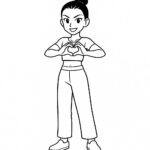 Page de coloriage d&rsquo;un personnage de manga, chorégraphe faisant un cœur avec ses mains