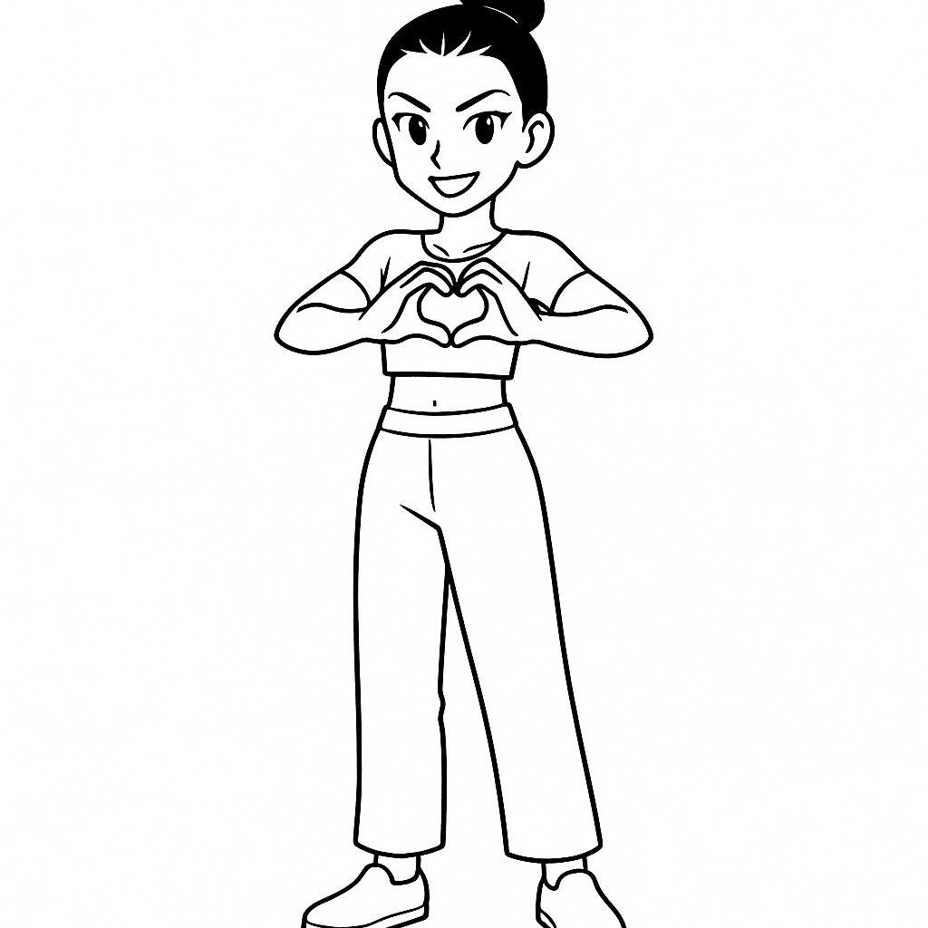 Coloring page of a manga character, choreographer making a heart with hands