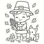 Page à colorier d’un enfant pèlerin, animal de la forêt récoltant du maïs