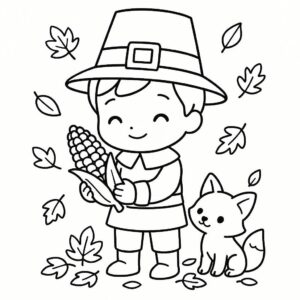 Coloring page of a pilgrim child, forest animal harvesting corn