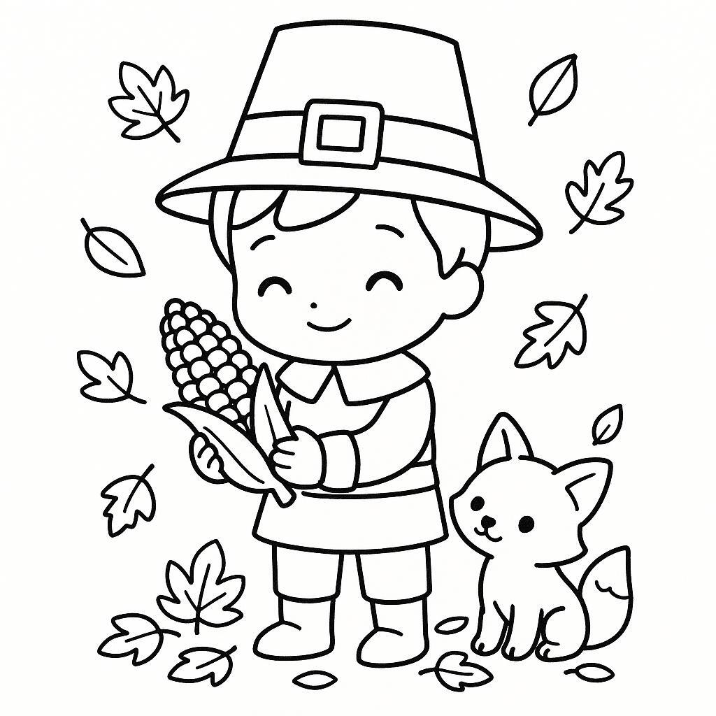 Coloring page of a pilgrim child, forest animal harvesting corn