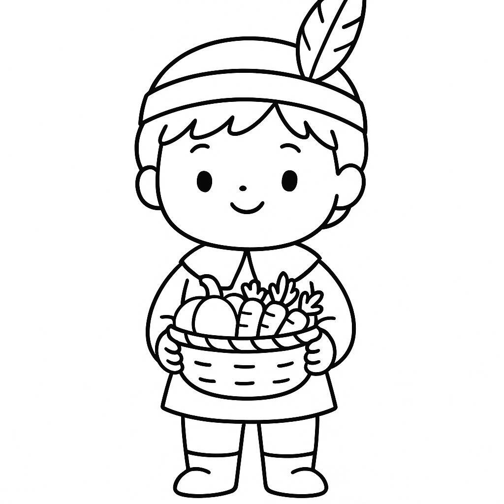 Coloring page of a pilgrim child, thanksgiving dinner guest holding a basket of vegetables