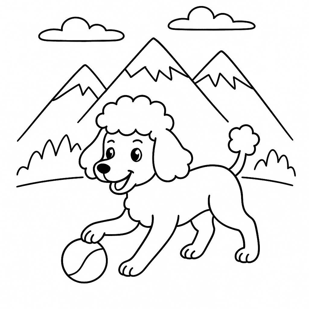 Coloring page of a Poodle dog, brave protector playing with a ball