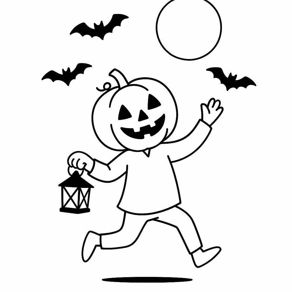 Coloring page of a pumpkin character, costume wearer dancing under the moon
