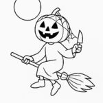 Page de coloriage d&rsquo;un personnage de citrouille, sculpteur de citrouilles volant sur un balai