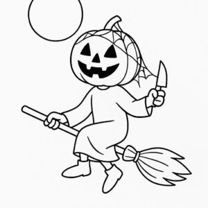 Coloring page of a pumpkin character, pumpkin carver flying on a broom
