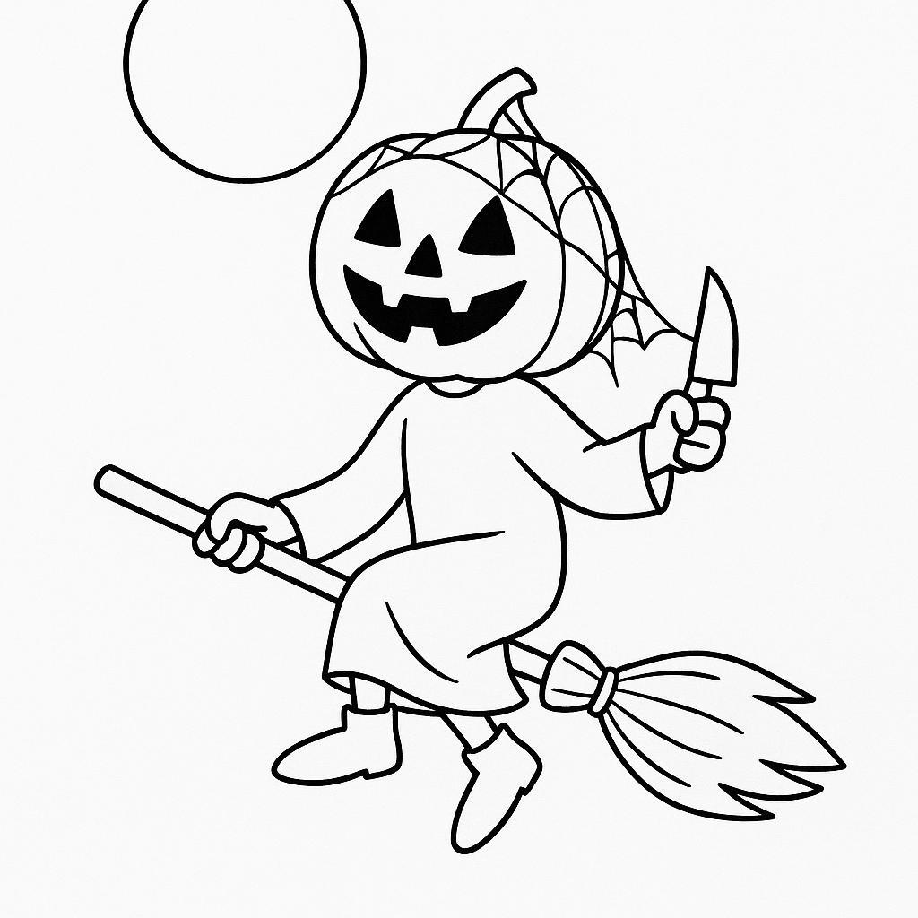 Coloring page of a pumpkin character, pumpkin carver flying on a broom