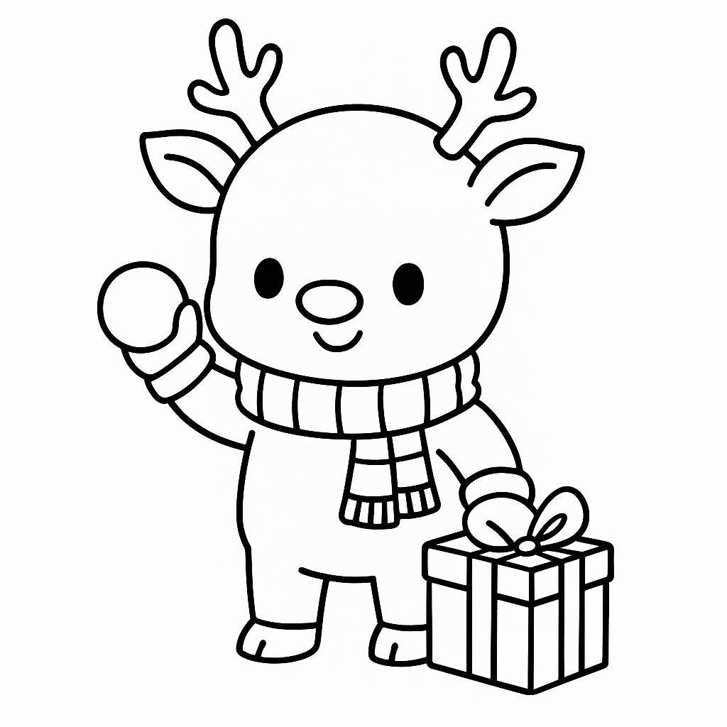 Coloring page of a reindeer, snowball thrower wrapping gifts