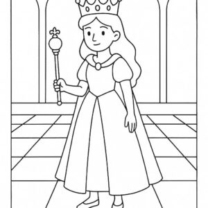 Coloring page of a royal maiden, noble protector holding a scepter
