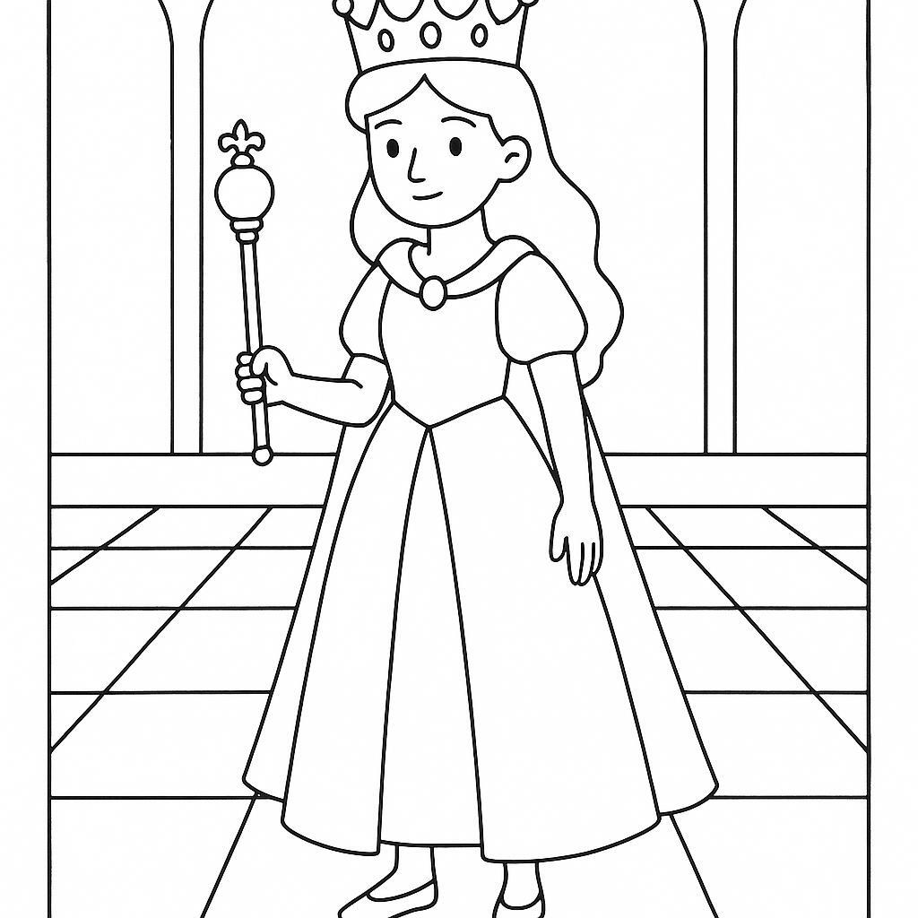 Coloring page of a royal maiden, noble protector holding a scepter